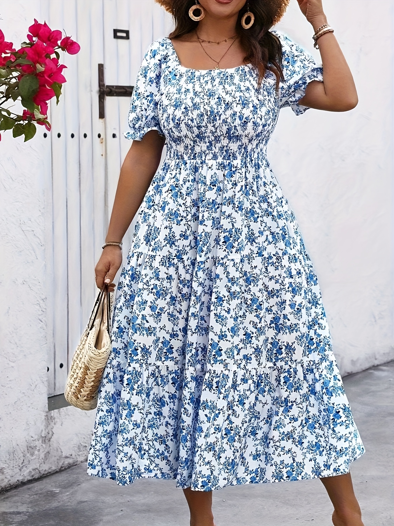 Plus Size, Cross-border European and American Elegant Fashion Women's  Printed Short-sleeve Dress