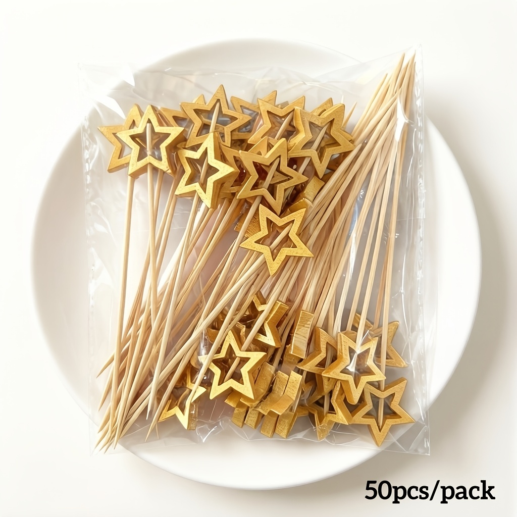 Image of 50/ 100pcs/ Pack Creative Hollow Golden Silvery Large Five-pointed Star Cake, Dessert, Salad Sandwich Food Baking Disposable Decorative Fruit Skewers Suitable For Hotels, Restaurants, Parties