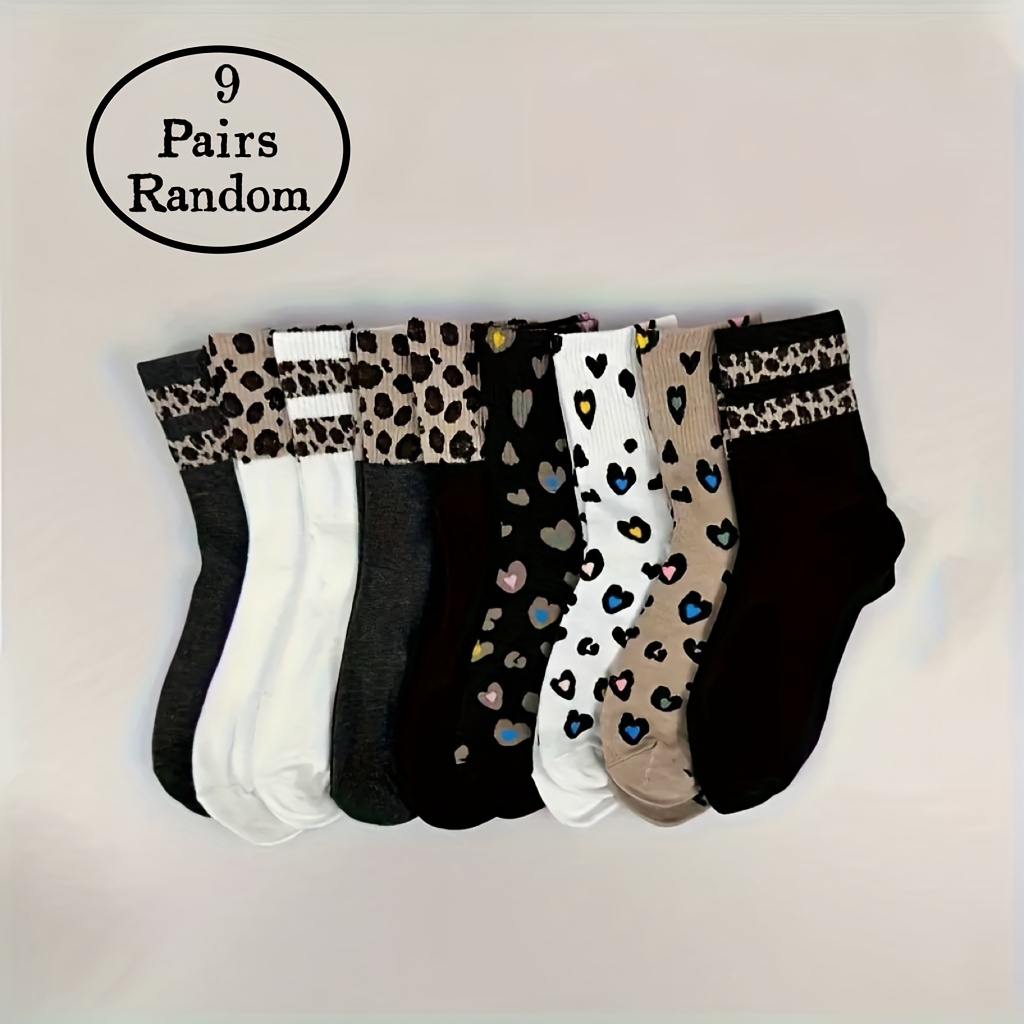 TEMU 9 Pairs Of Fashionable Random Style Leopard Print Socks, Soft And Breathable Women's Socks Suitable For , Sports And Outdoor Mid Tube Socks