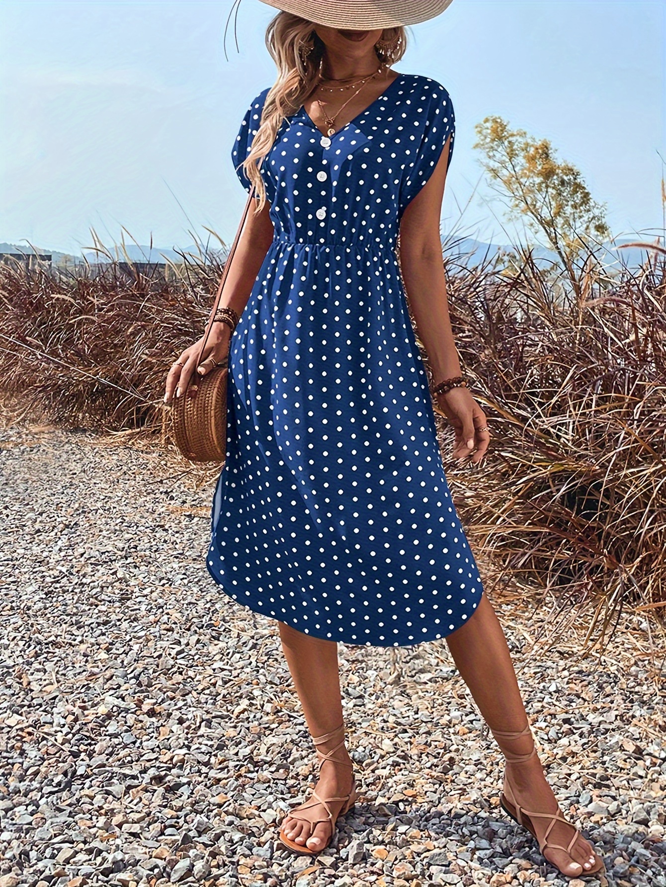 Loose Polka Dot Dress V Neck 3 4 Sleeve Dress Casual Every - Temu