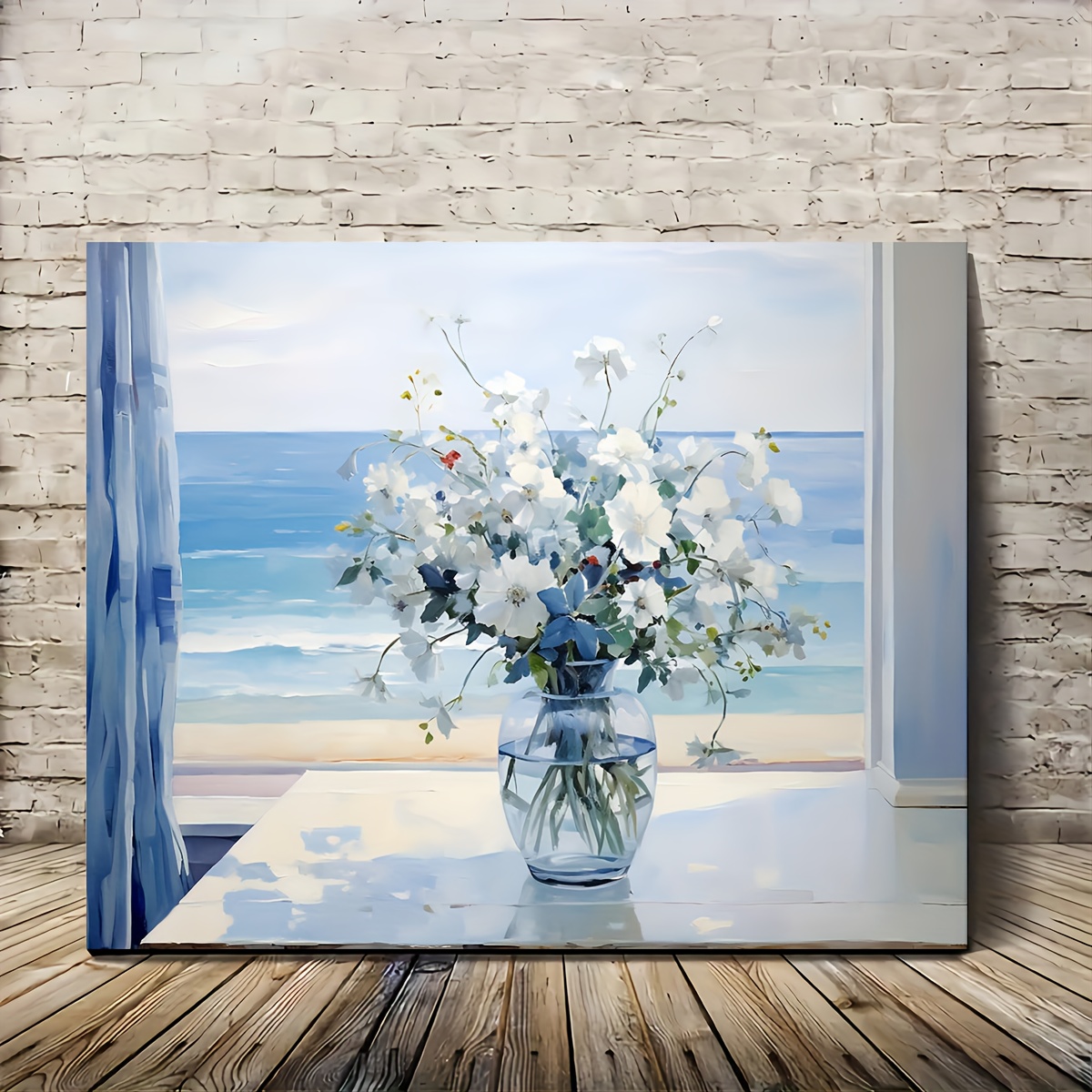 

1pc Wooden Framed Blue Sea Flowers Canvas Painting Vase With White Blooms Wall Art - Home & Living Room Decor, Festival Gift, 11.8inch*15.7inch - Bachelor Party Major Material