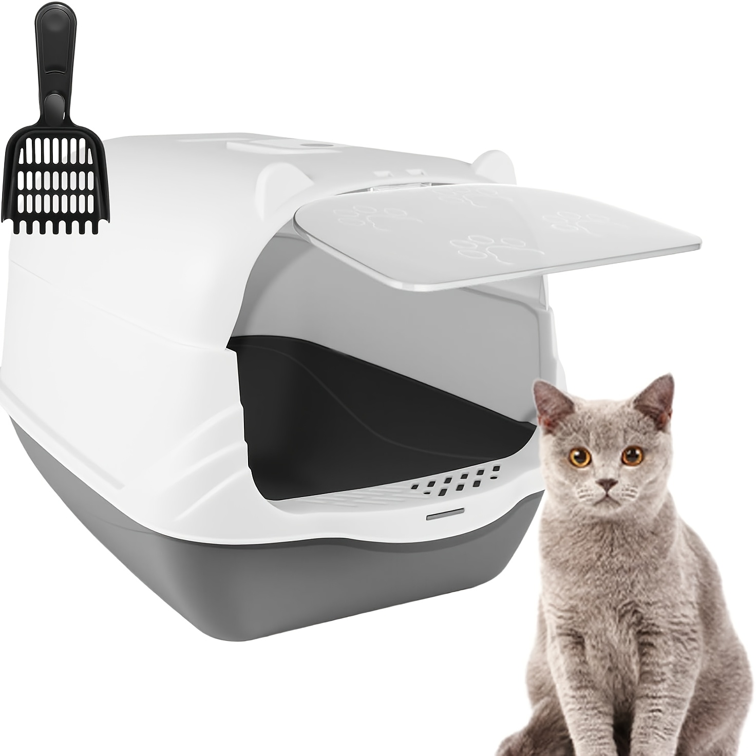 Image of A Covered Litter Box Featuring A Lid And Scoop That Prevents Leaks And Controls Odors, Ideal For Small To Medium Cats And Easy To , Without Battery