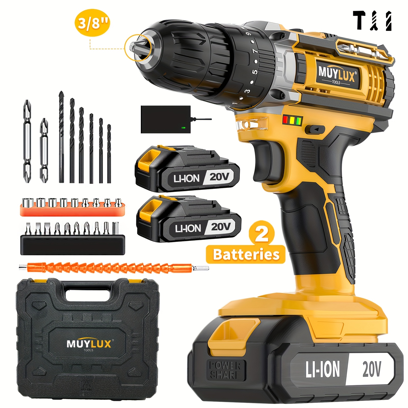 20V draadloze boorset met 3/8-inch sleutelloze klem, 18+3 schakelaar, 45Nm koppel, 2 snelheden, werklicht,