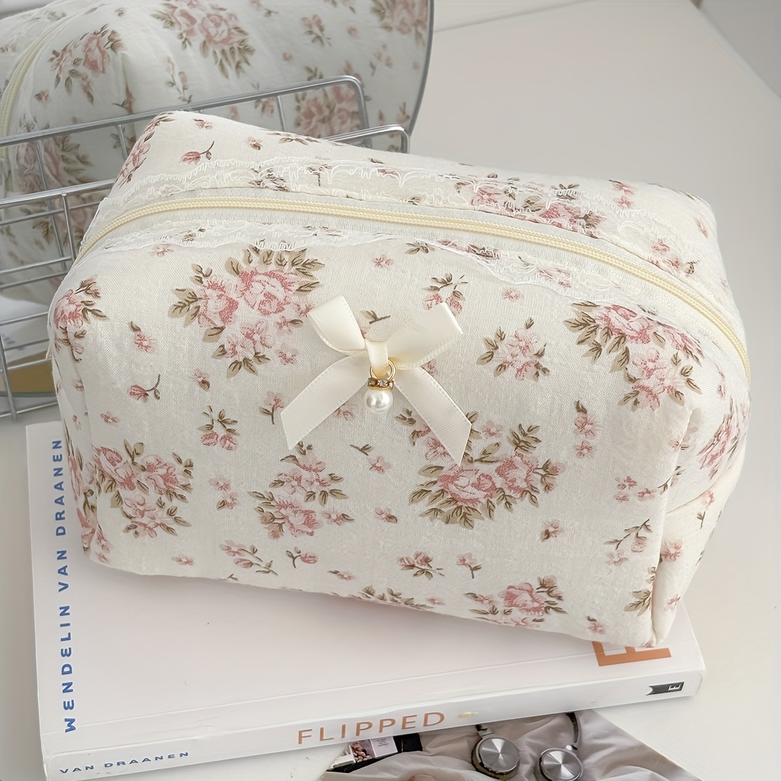 Image of Lace Trim Octagon Toiletry Bag Creative Ballet Style Girl Makeup Bag Bow Pearl Storage Bag Cute 3d Floral Toiletry Bag