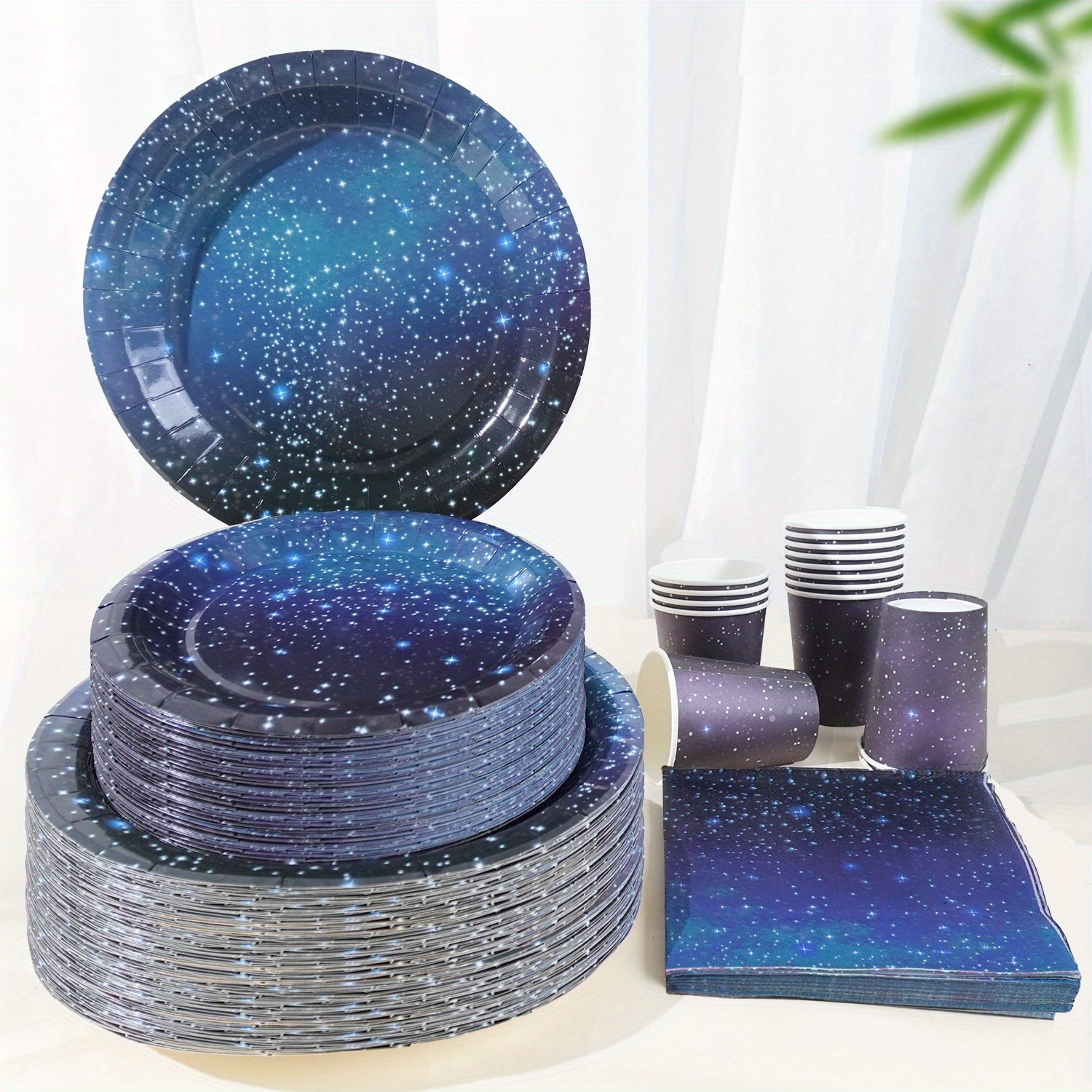 Image of 96-piece | Starry Tableware Set | Deep Aesthetic Celebration, Exploration Adult Dinner Party, Texture Decoration | Includes Great Value Combo, High-quality Party Tableware Set With Party Plates