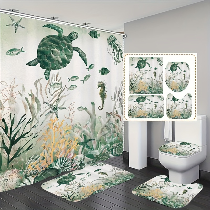 Sea Animal Coral Print Shower Curtain Waterproof Bath - Temu