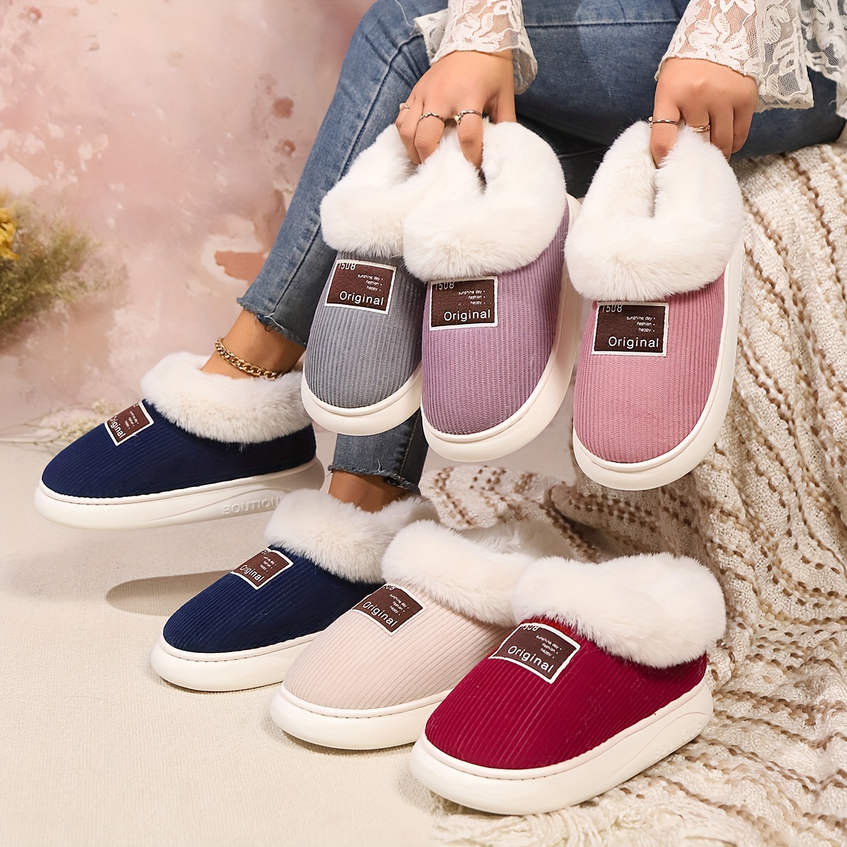 

Cozy Women's Winter Plush Slippers - Warm Fleece-lined Indoor Home Shoes With Sole, Non-slip Eva Outsole, Casual Slip-on Design In Navy, Light Gray, Pink, And Red