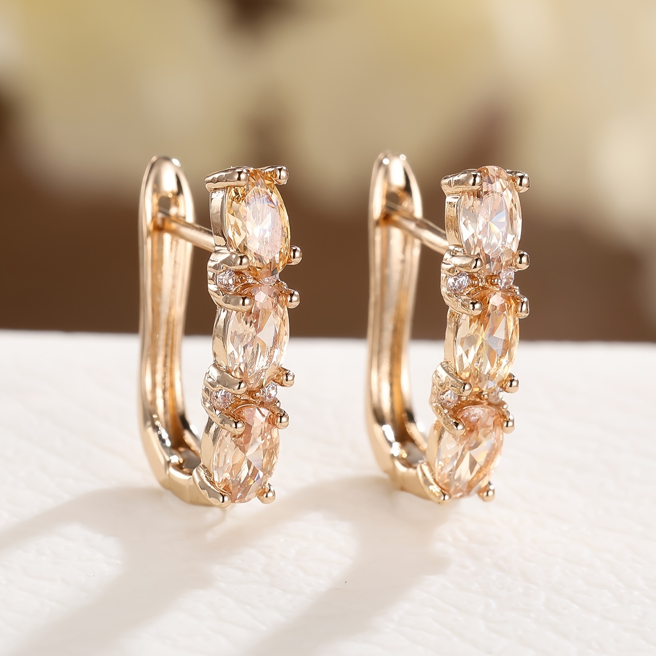 Image of 1 Pair Luxury Golden-colored Oval Cut Stone Drop Earrings For Women Claw Earrings Fine Jewelry