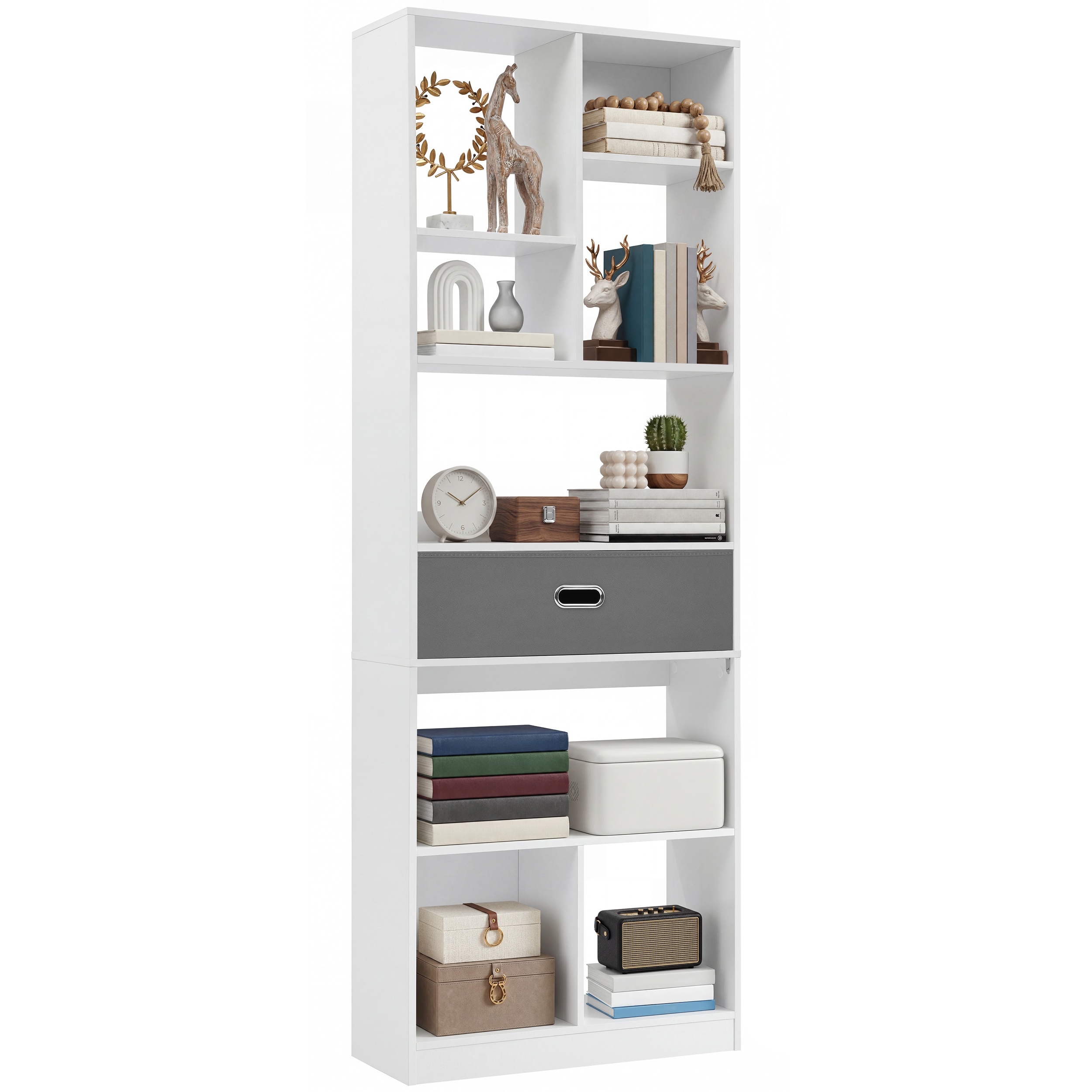 Image of Tall White Freestanding Bookshelf With 7 Open Cubes And 1 Fabric Drawer Display Storage Rack, 60×24×170cm For Living Room, Bedroom, Office, Standing Shelf