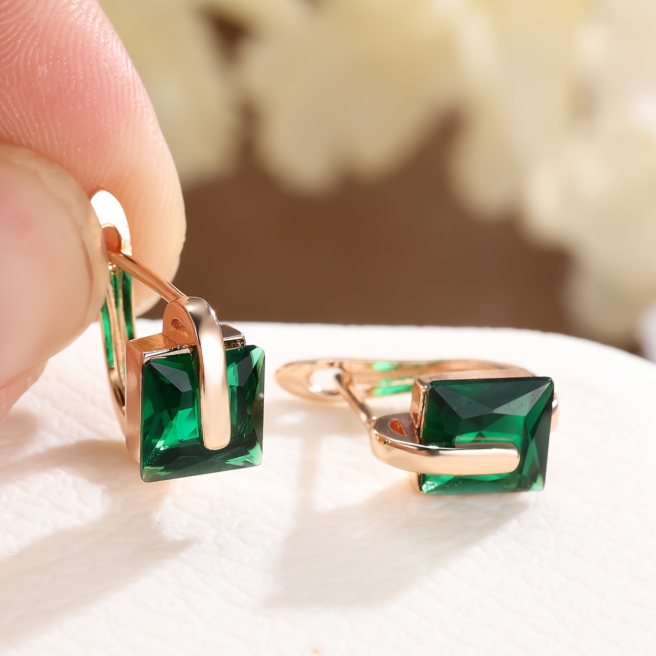 

Elegant Green Zirconia Geometric Drop Earrings - Vintage-inspired Golden Copper Dangle Jewelry For Women, Winter, New Year
