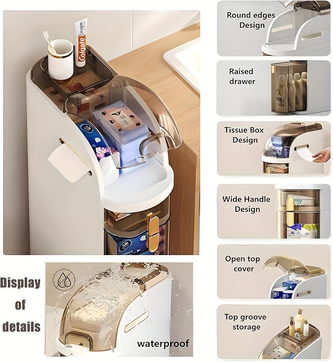 slim champagne bathroom storage cabinet with drawers holder wheels waterproof space saving organizer for kitchen laundry room details 1