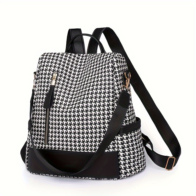 Bandolera de cuadros Houndstooth, mochila con cremallera para mujer, bolso grande casual de gran capacidad ideal para trabajo, estudio y compras