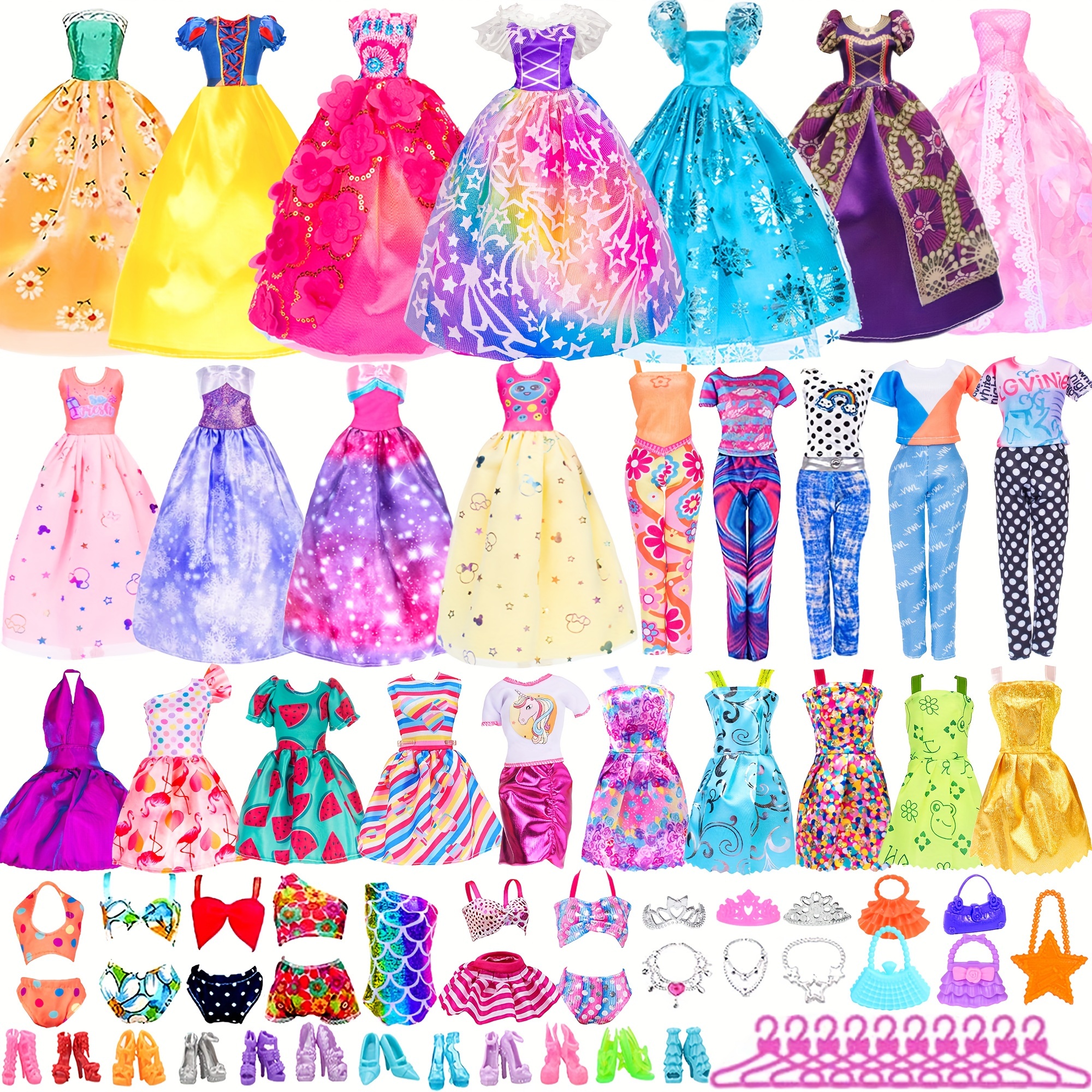 

48pcs 11.5 Inch Girl Doll Clothes And Accessories, 2 Long Princess Dress, 2 Party Dresses, 2 Short Dresses, Outfits, Slip Skirts, Bikinis (no Doll)