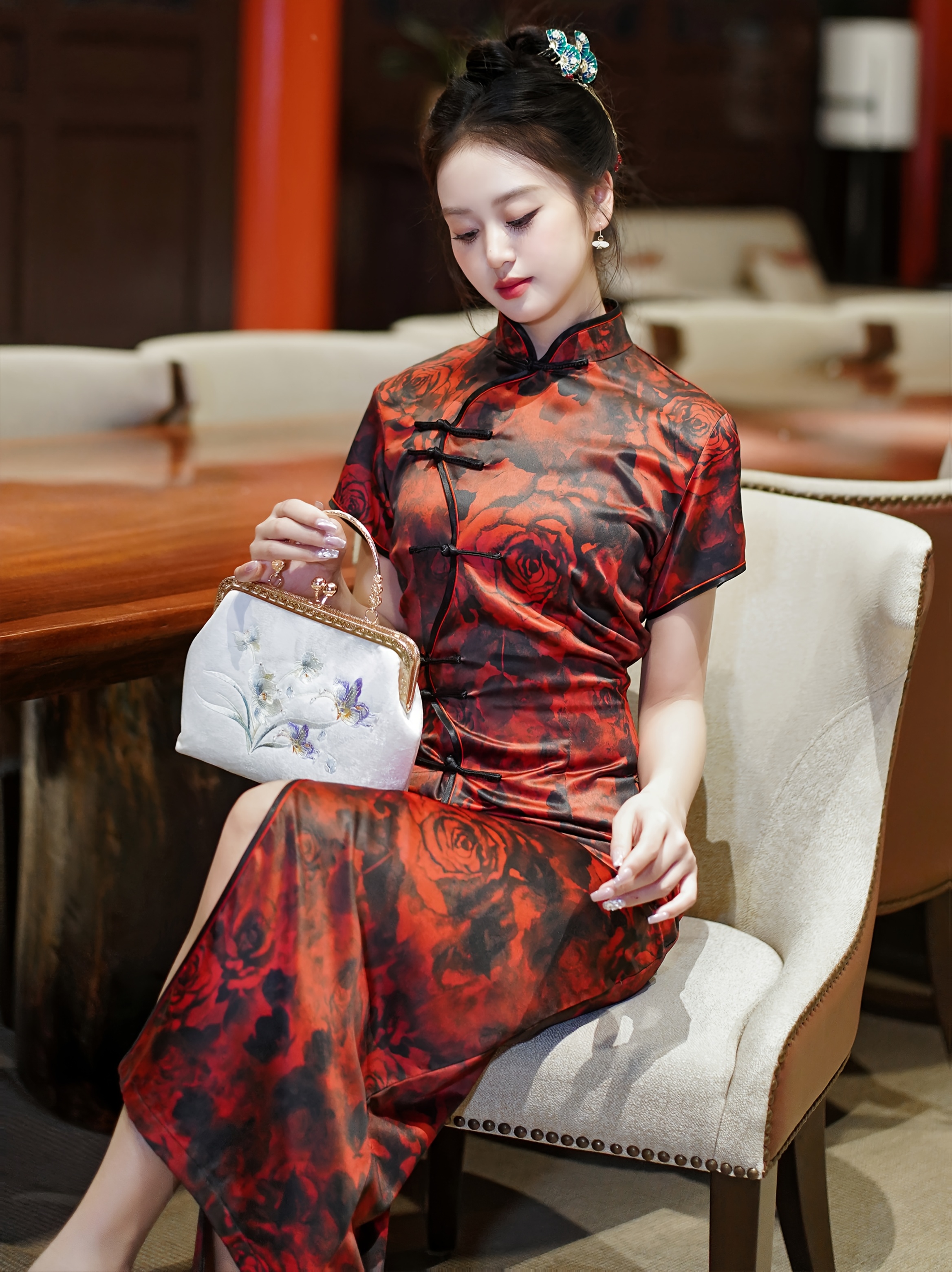 chinese collar dress Green Jacquard Floral Maxi Qipao Cheongsam Dress