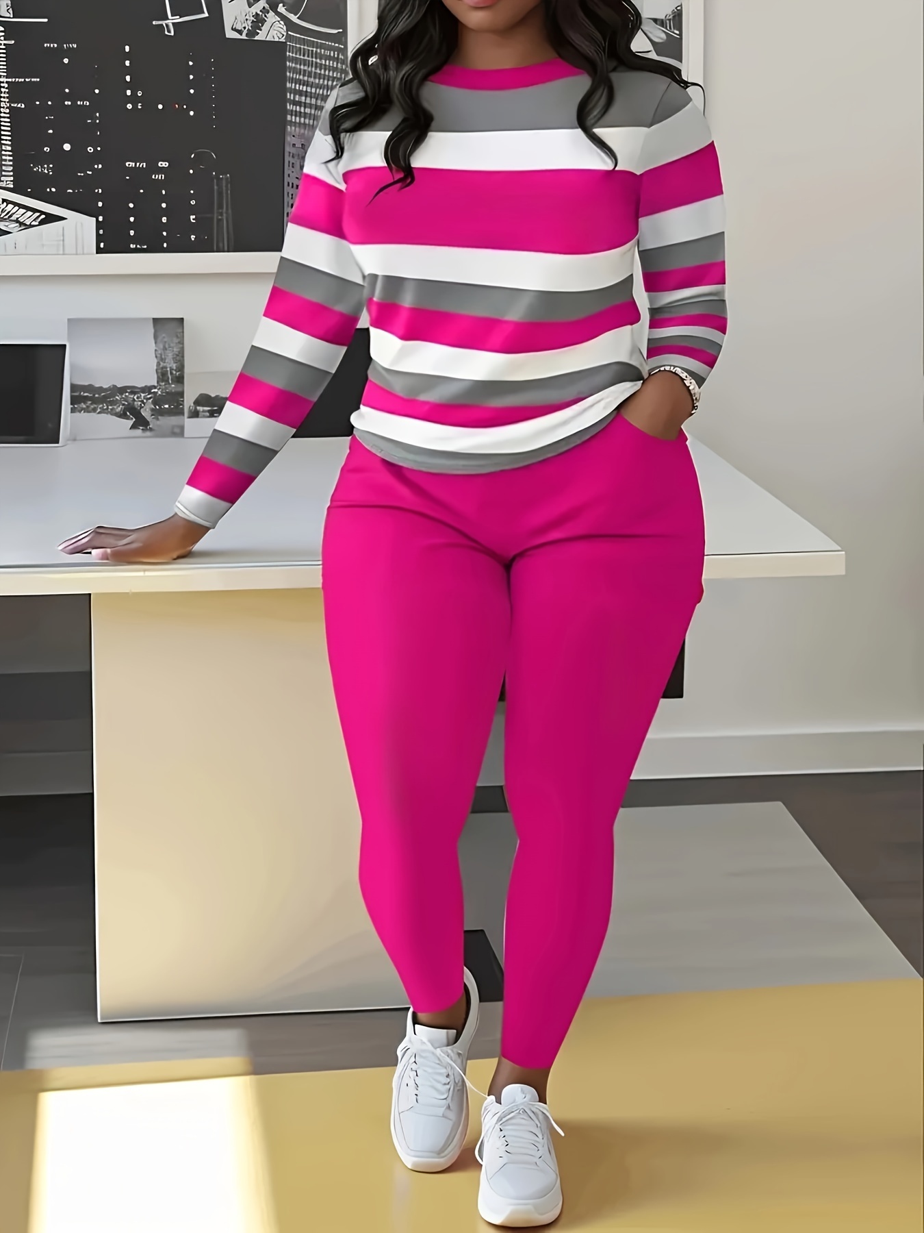 Conjunto casual para mulheres plus size, calça com bolsos, estilo leve,  Conjunto a Dia,Roupa Casual,Listras Clássicas,Tecido Elástico,