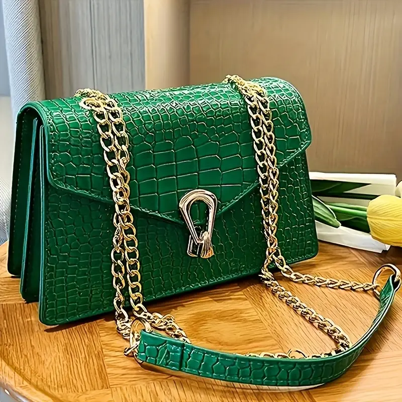 elegant crocodile pattern crossbody bag with clasp in white black rose red green luxurious polyester lined handbag for women evening handbag elegant handbag glossy details 0