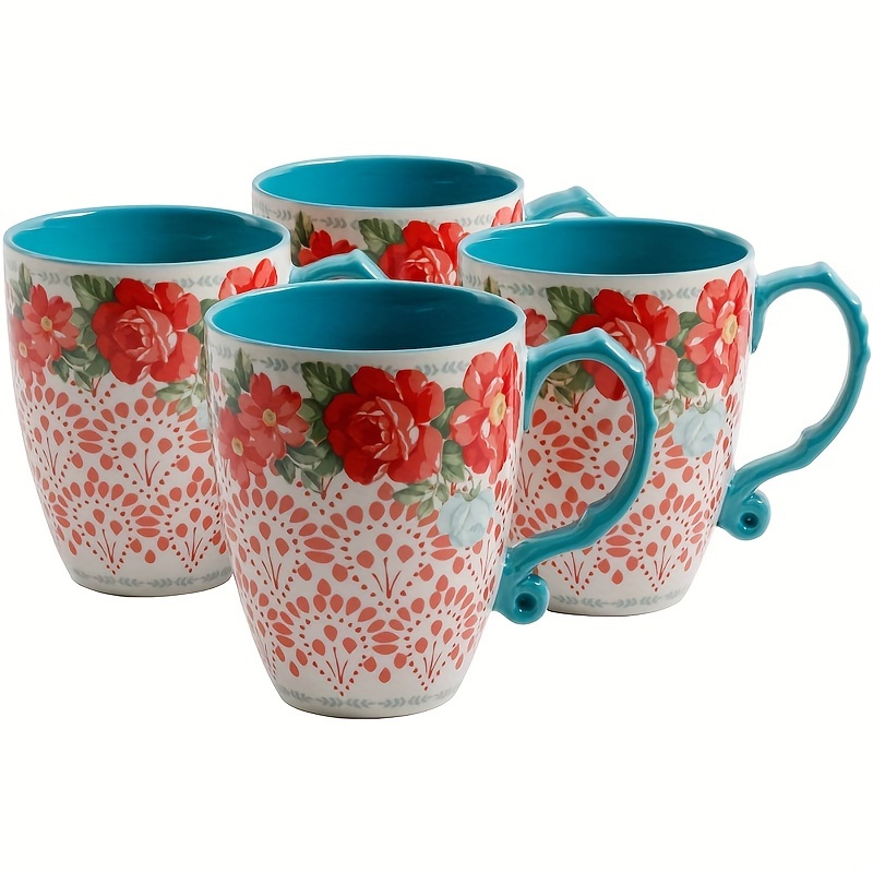 

4-piece 26-ounce Stoneware Latte Mug Set With Vintage Floral Design - Microwave And Dishwasher Safe