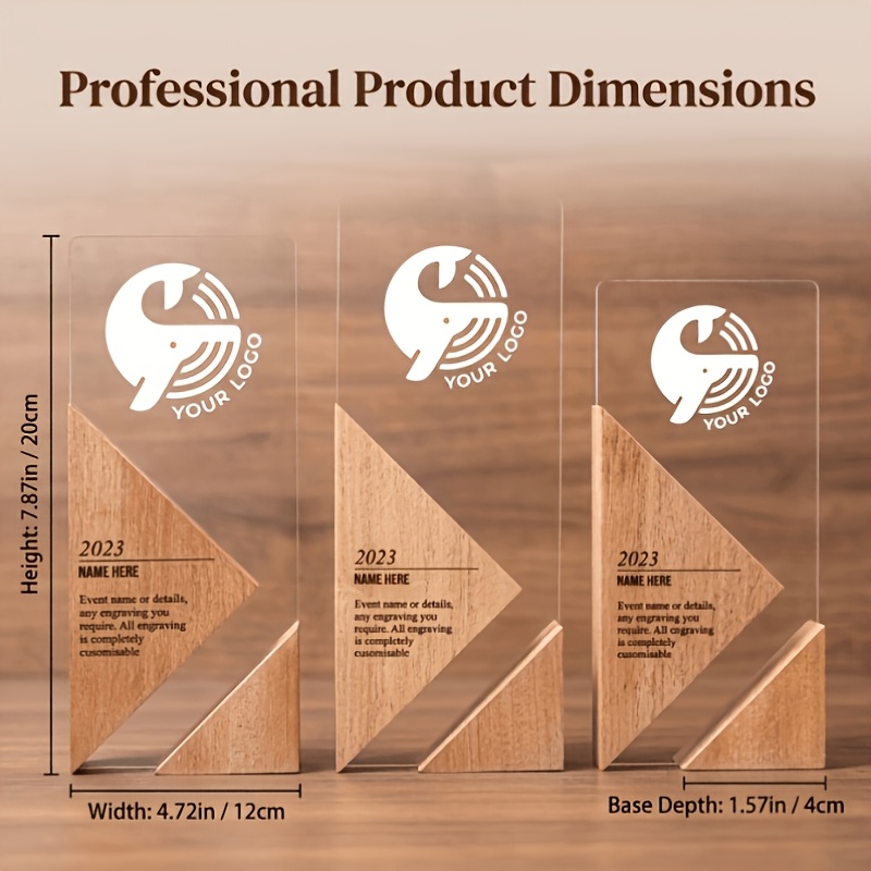 Custom Personalized Acrylic Trophy With Trendy Wooden Base - Award With Customizable Logo And Text, Holiday Gift, Commemorative Present