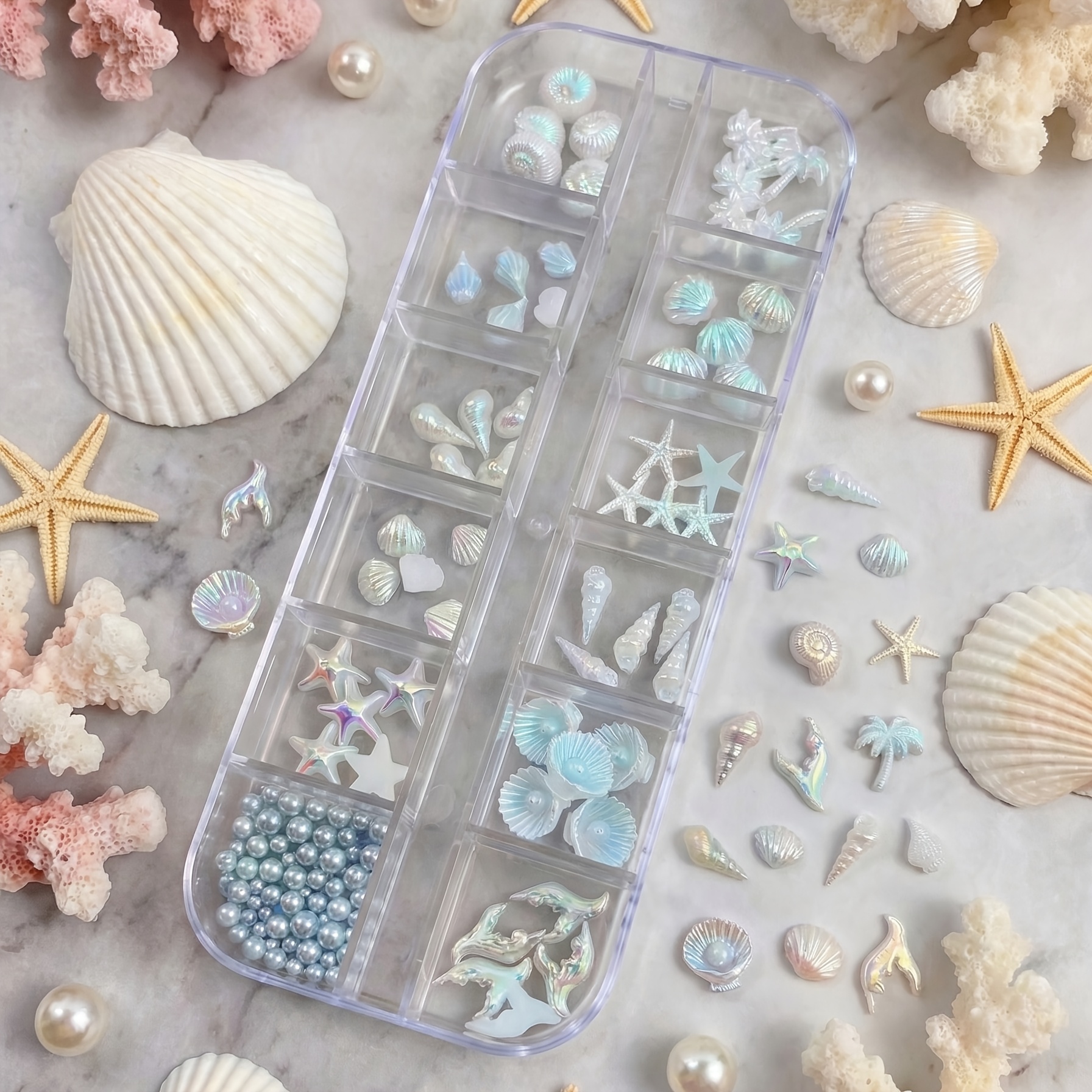 Nail Charms Kit, 3d Sea Shell Starfish Nail Art Decoration Set With Ab Iridescent End, Manicure Additions For Salon & Home