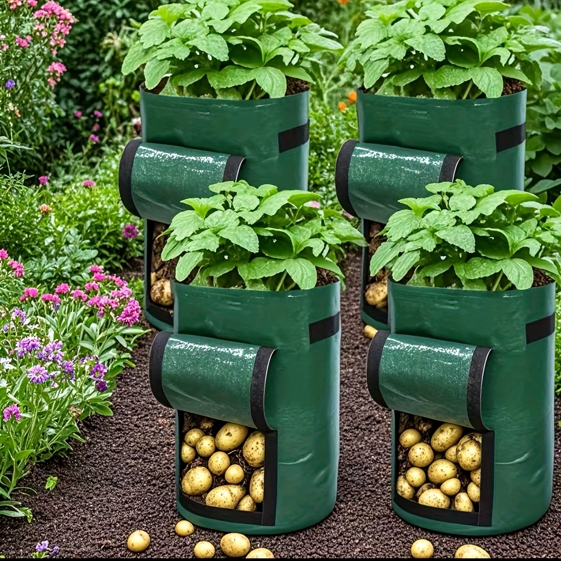 E-shop 4er-Pack 3-Gallonen grüne Pflanzbeutel für Kartoffeln Karotten | Atmungsaktive Anzuchttaschen für den Gartenbau im Innen- Außenbereich, leicht