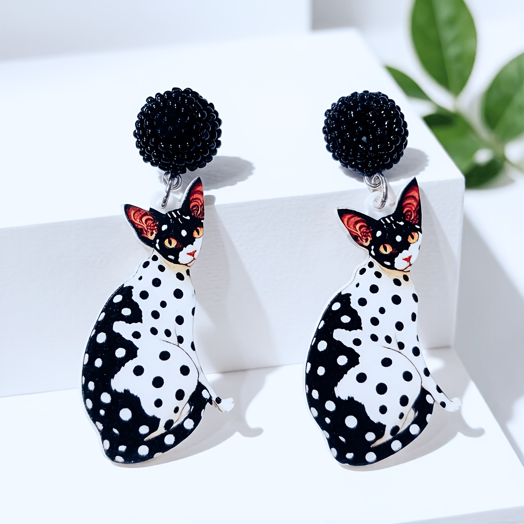 Handmade Cute Y2K Black and White Polka Dot Cat-Shaped Earrings