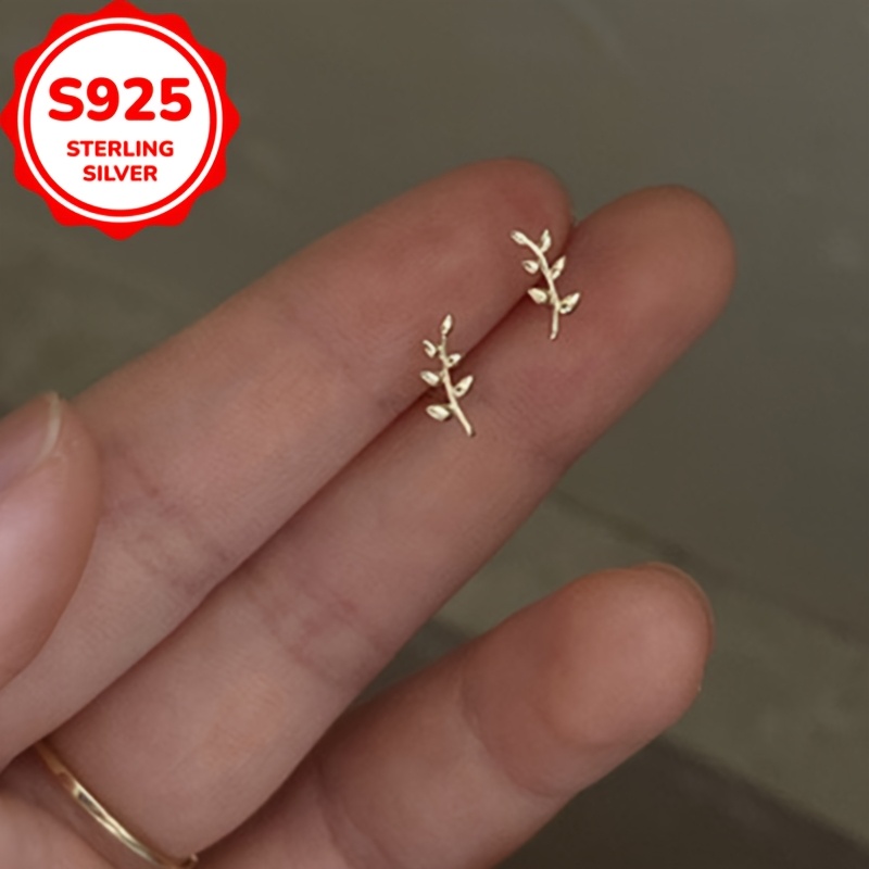 Sterling Silver Leaf Branch Stud Earrings, 925 Silver Plated
