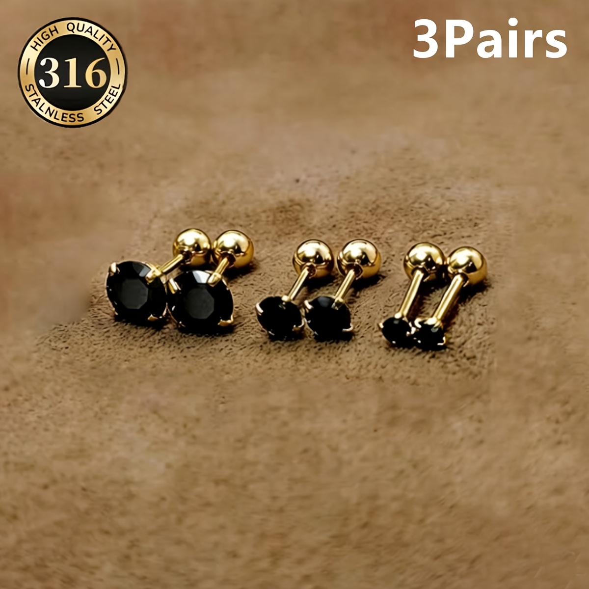 TEMU 3 de aretes de acero inoxidable de puntas con circonita sintética negra para /verano, aretes de espárrago con cierre de para de que se pueden