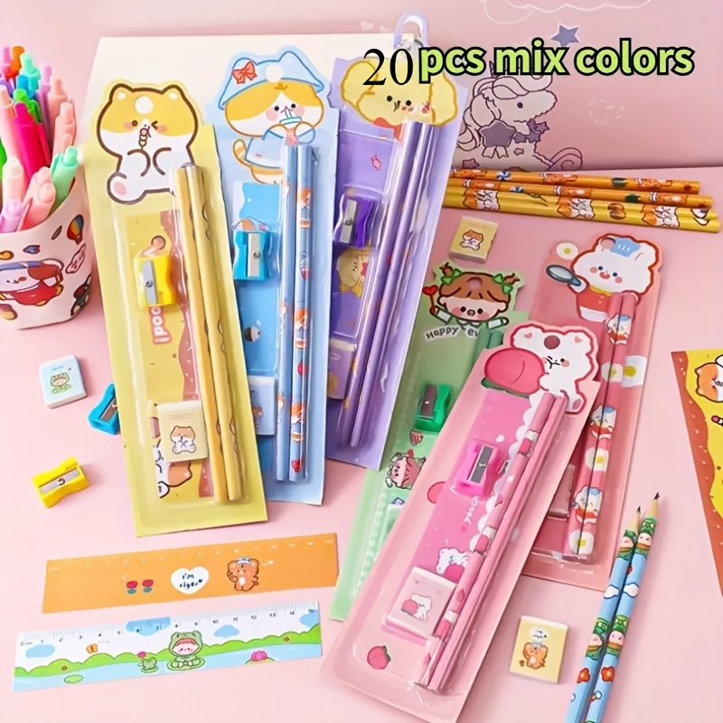 TEMU 20 Pencil Sets With Rulers, Erasers, Pencil Sharpeners, Cartoon Stationery Sets, 5 Pencil Sets, Holiday Gifts, Event Prizes, Learning