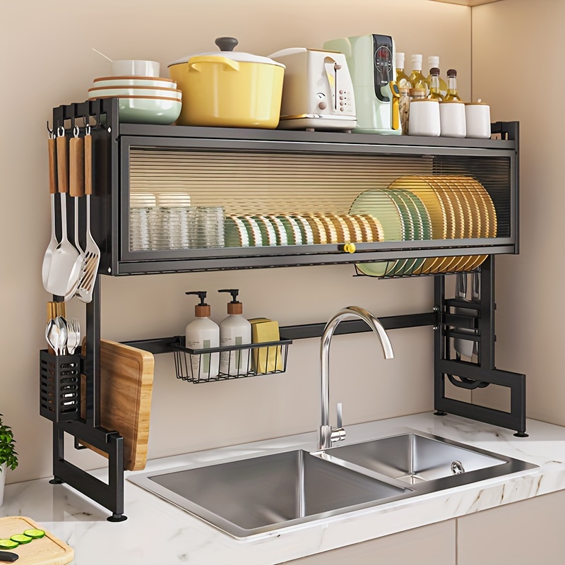 1pc escurridor de platos sobre el fregadero, estante de almacenamiento de metal de 3 niveles, organizador que para platos, vasos, tazones y cubiertos, y negro, en el piso, de estante de cocina multiusos, estantes de públicos detalles 8