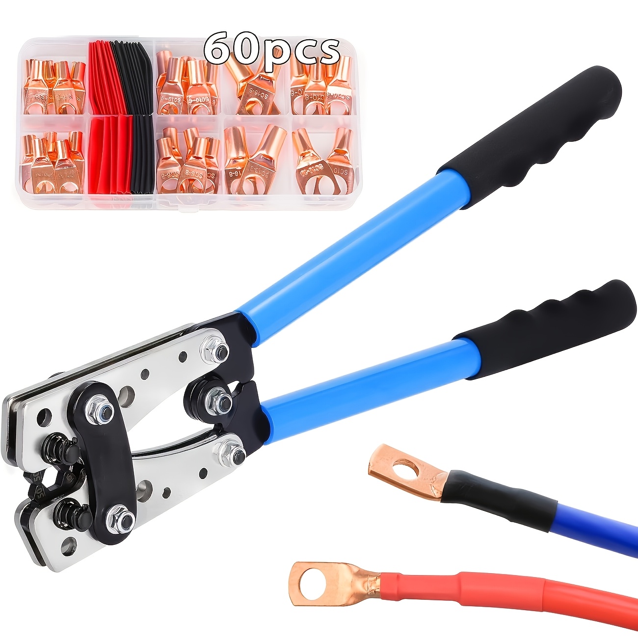 TEMU Hx-50b Crimping Tool With 60pcs Copper Wire Lugs Kit, Awg 8-1/0 Electrical Lug Crimper And Battery Cable Lugs Ends And Heat Shrink Tubing