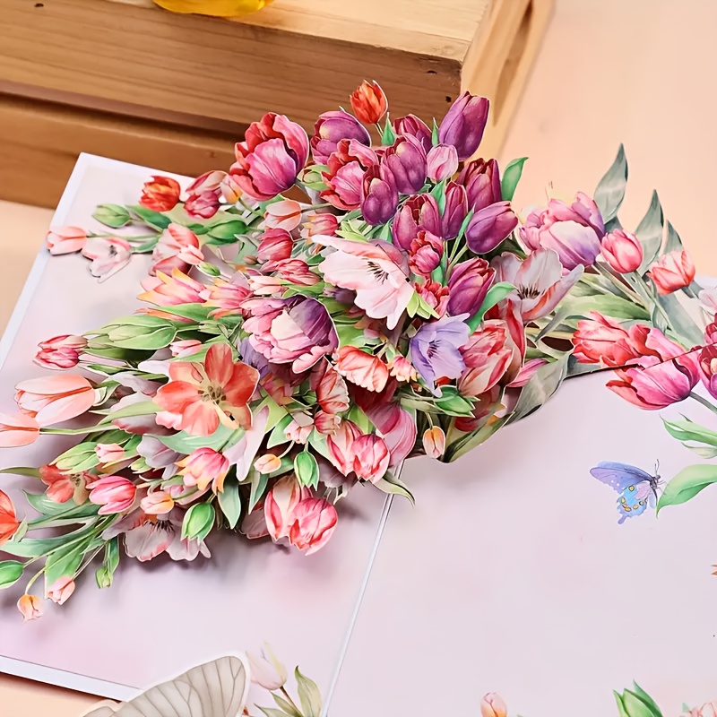 1pc Tulip Pop Up Card, Flower Greeting Card, 3d Handmade Card For Ever Happy Mother's Day, Birthday, Spring Greeting, Anniversary, , With Note Card And Envelope