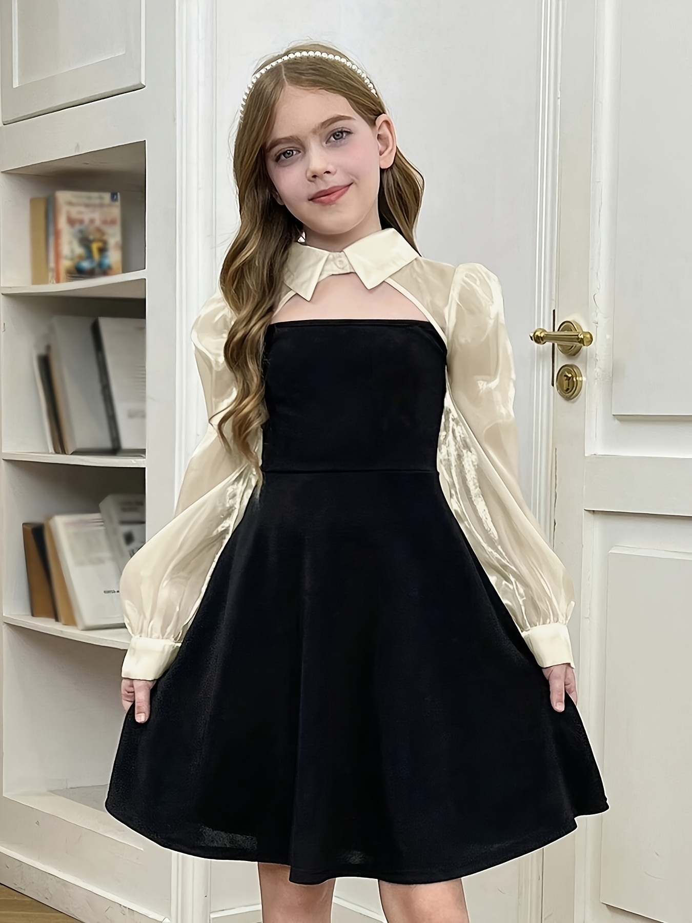 teen girl two tone spliced dress long sleeve shirt collar a - Temu Germany