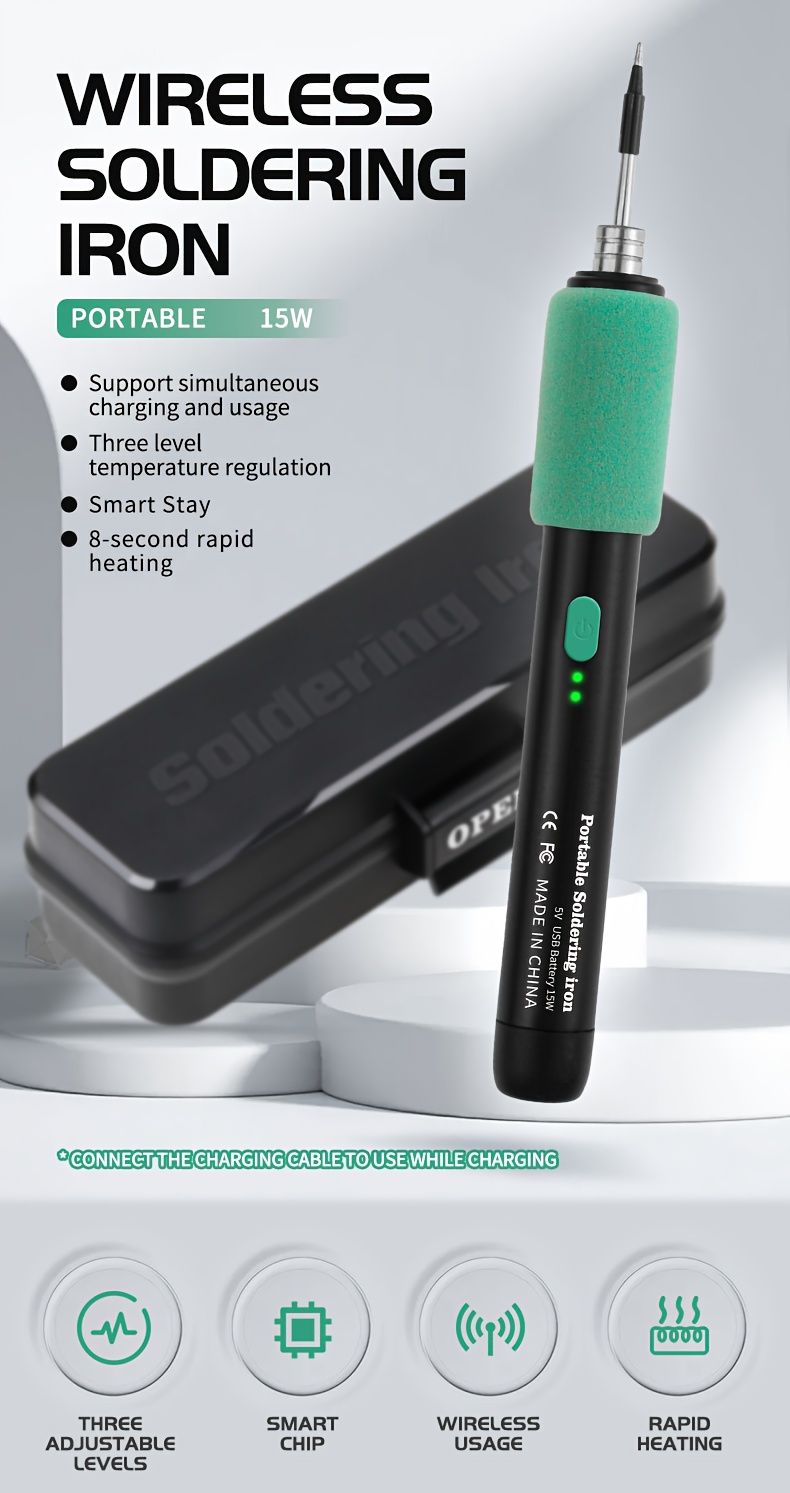 mini soldering iron set 5v adjustable temperature, usb rechargeable portable soldering tool, suitable for home appliance repair, jewelry making, diy projects -   soldering iron, three soldering iron tips, rosin, stand, storage box, tin soldering iron, soldering and  , soldering iron kit, tin soldering wire, soldering and repair station, electric soldering iron, soldering station Product details 0