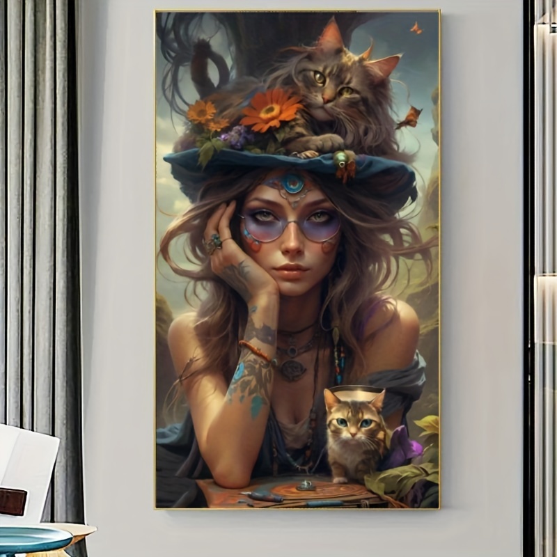 

1pc Diamond Painting Kit, Woman And Cats Theme, 5d Acrylic Diy Mosaic Craft, Round Diamond Embroidery, Full Drill Design, Home Decor Wall Art 50x110cm