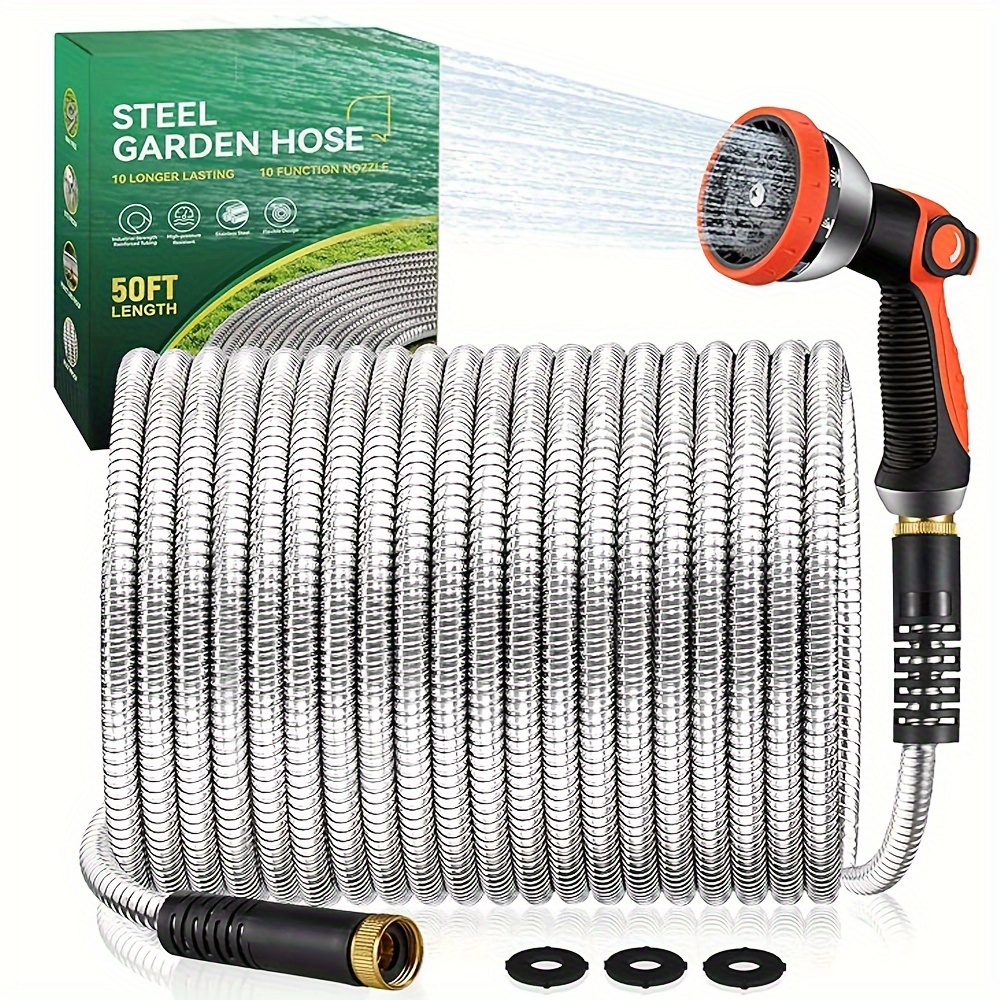 

Garden Hose Metal 50ft/100ft/150ft, Stainless Steel Hose No Or Tangles 10 Function Nozzles Wear-resistant And No Leakage, Patio Water Hose