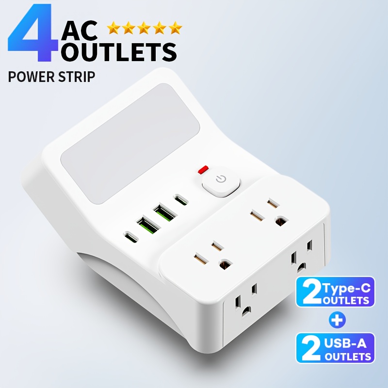 TEMU Power Strip/power Socket/wall Outlet With Night Light, 4 Ac Outlets With Protection, Power 1250w, 10a, 2 Usb Ports And 2 Type-c Ports, Suitable