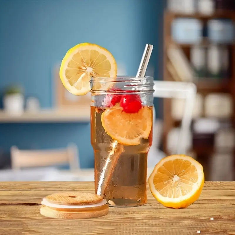 2pcs 4pcs insulated glass cup cold drink cup slush cold drink glass straw cup water cup wooden lid with cup cover straw straw cleaner home cold drink party beverage accessories Product details 5