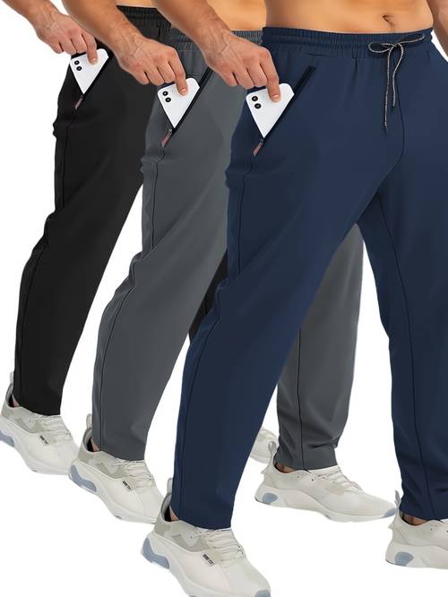 3pcs plus size mens casual zip up pants with drawstring waist solid color polyester machine washable for indoor outdoor activities spring summer compatible plus size pants plus size
