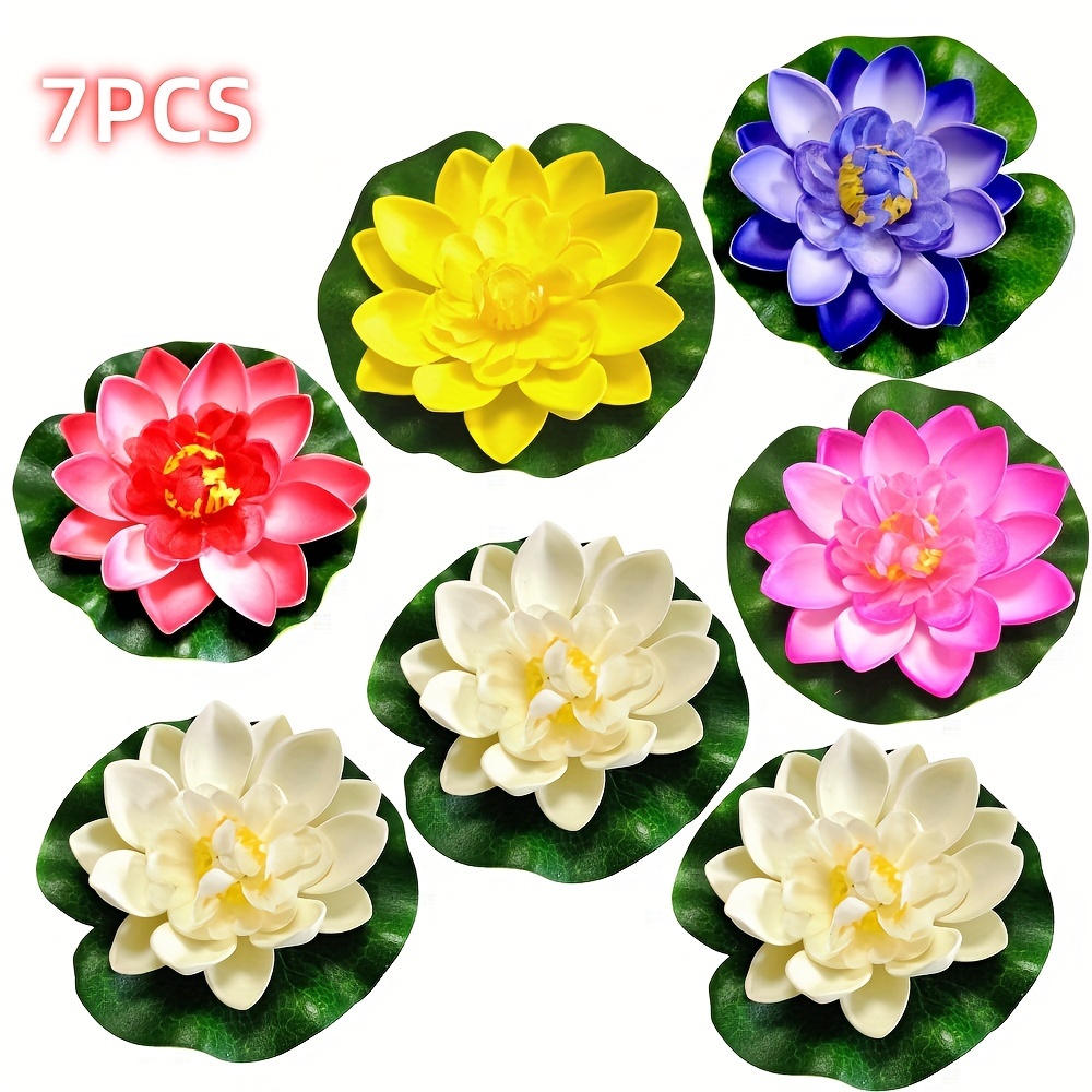 TEMU 7pcs Lifelike Artificial For Lotus Set - Floating Faux Water Lily Flowers For Pond & Garden Decor, Perfect For Weddings, Parties & Holidays