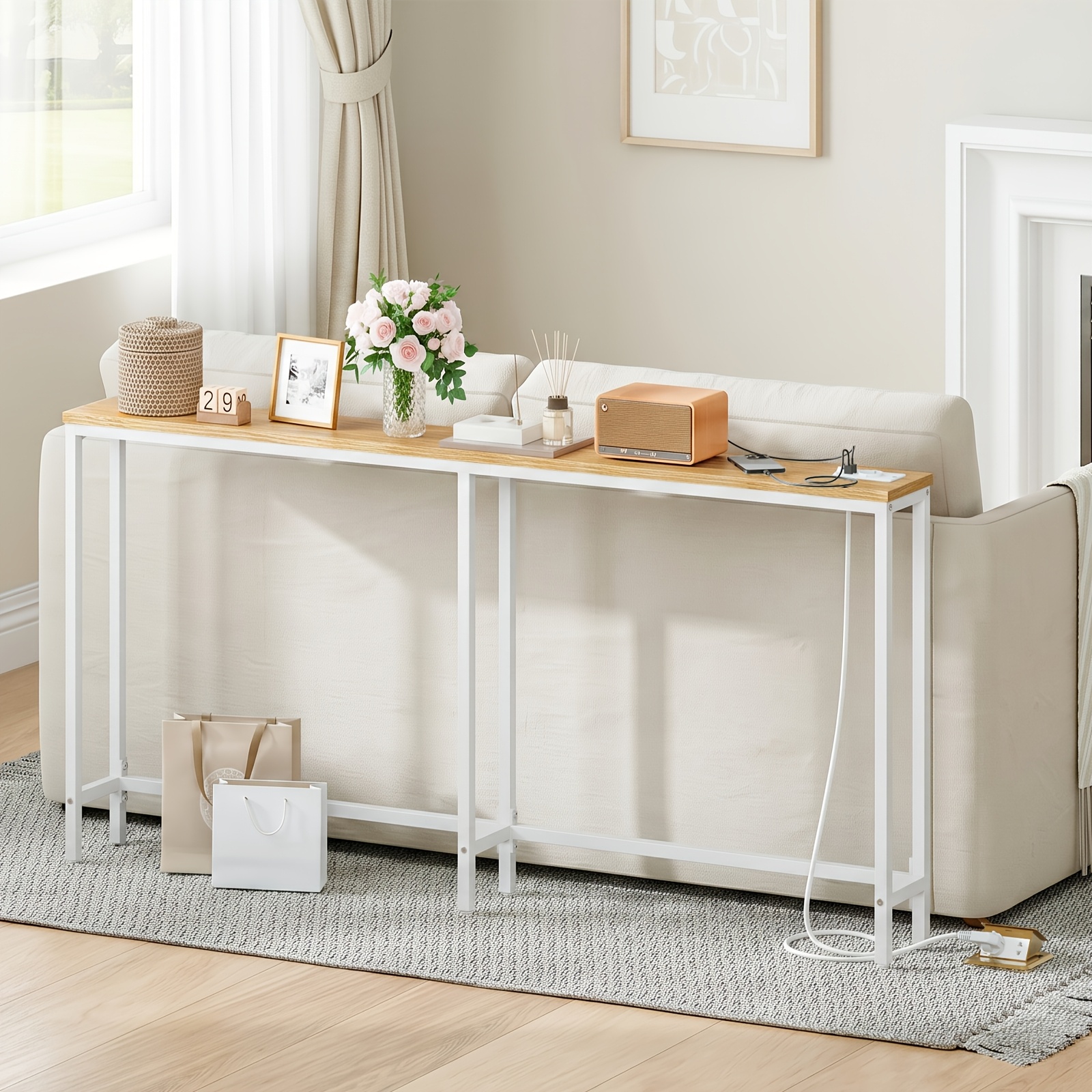 Image of Narrow Countertop Table With Socket Strips, Countertop Table With Charging Station, Narrow Sofa Chair, Storage Rack Behind The Sofa, Suitable For Entrance Hall And , Brown And Black
