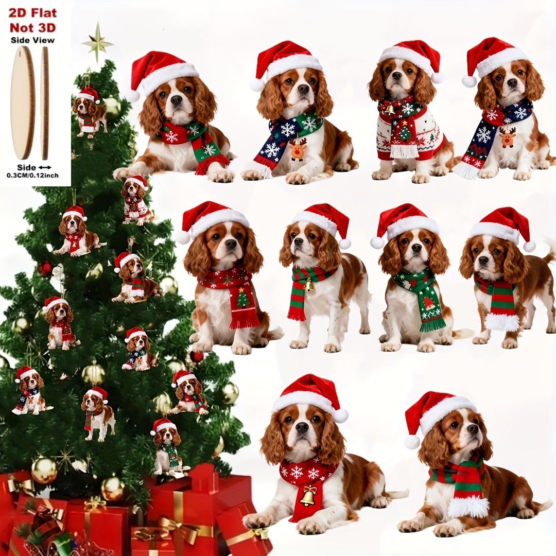 TEMU Set da 10 pezzi di adorabili ornamenti natalizi in legno a forma di King Charles Spaniel, 2D, decorazioni per Natale e Capodanno, ornamenti per