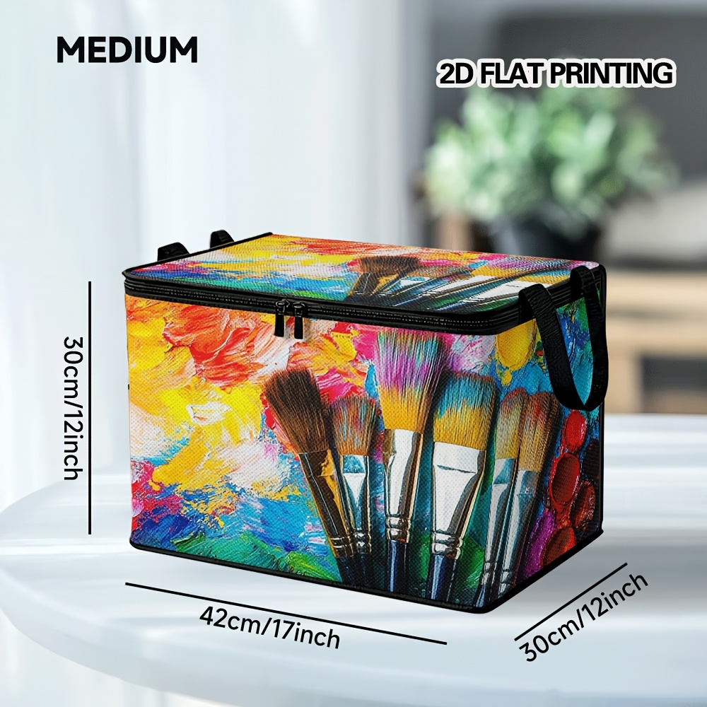 TEMU 1pc 2d Flat-printed Storage Bin Featuring A Colorful Paintbrush Design. It With Lids And Of Soft Fabric, Making It Ideal For Organizing Items In
