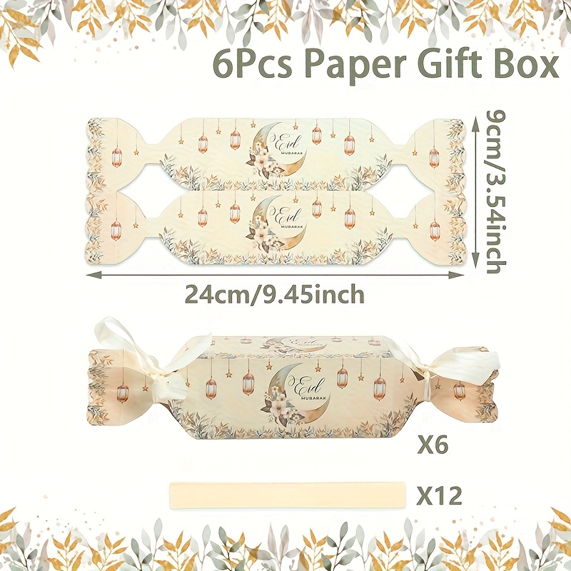 Image of 6pcs Paper Gift Box | Star Moon Lantern Pattern, Light Yellow Bow Ribbon Included, Ideal For Ramadan Decoration, For Home Gifts, Party Supplies