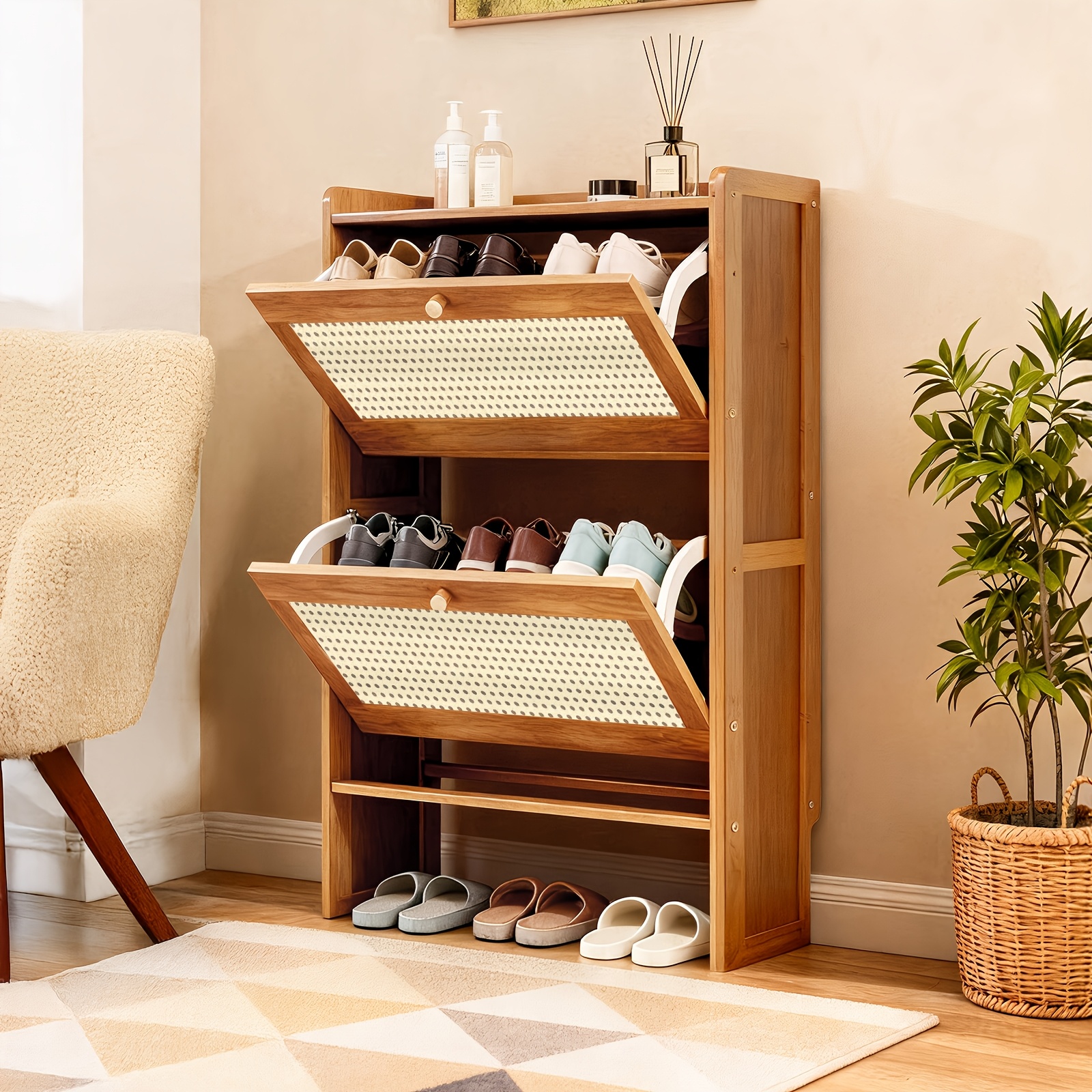 TEMU Shoe Cabinet With Slim Flip Down Storage, Bamboo Shoe Rack With Elevated Base For Daily Shoes, Modern 2-tier Shoe Storage Organizer For Mudroom
