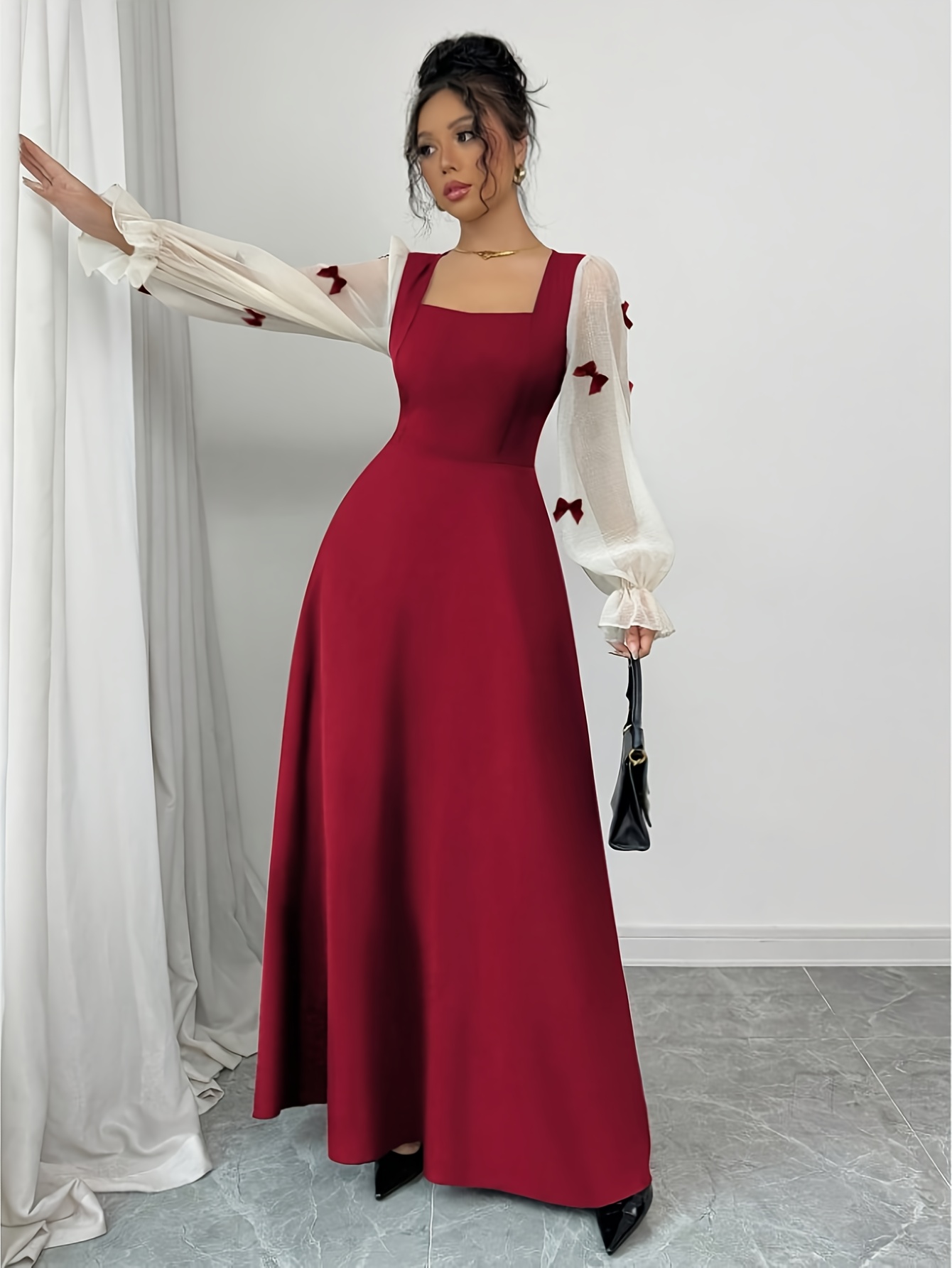 loose fitting red dress Loragal Round Neck Puff Sleeve 3D Flower Tulle Loose Fit Maxi Dresses-Red Red-S