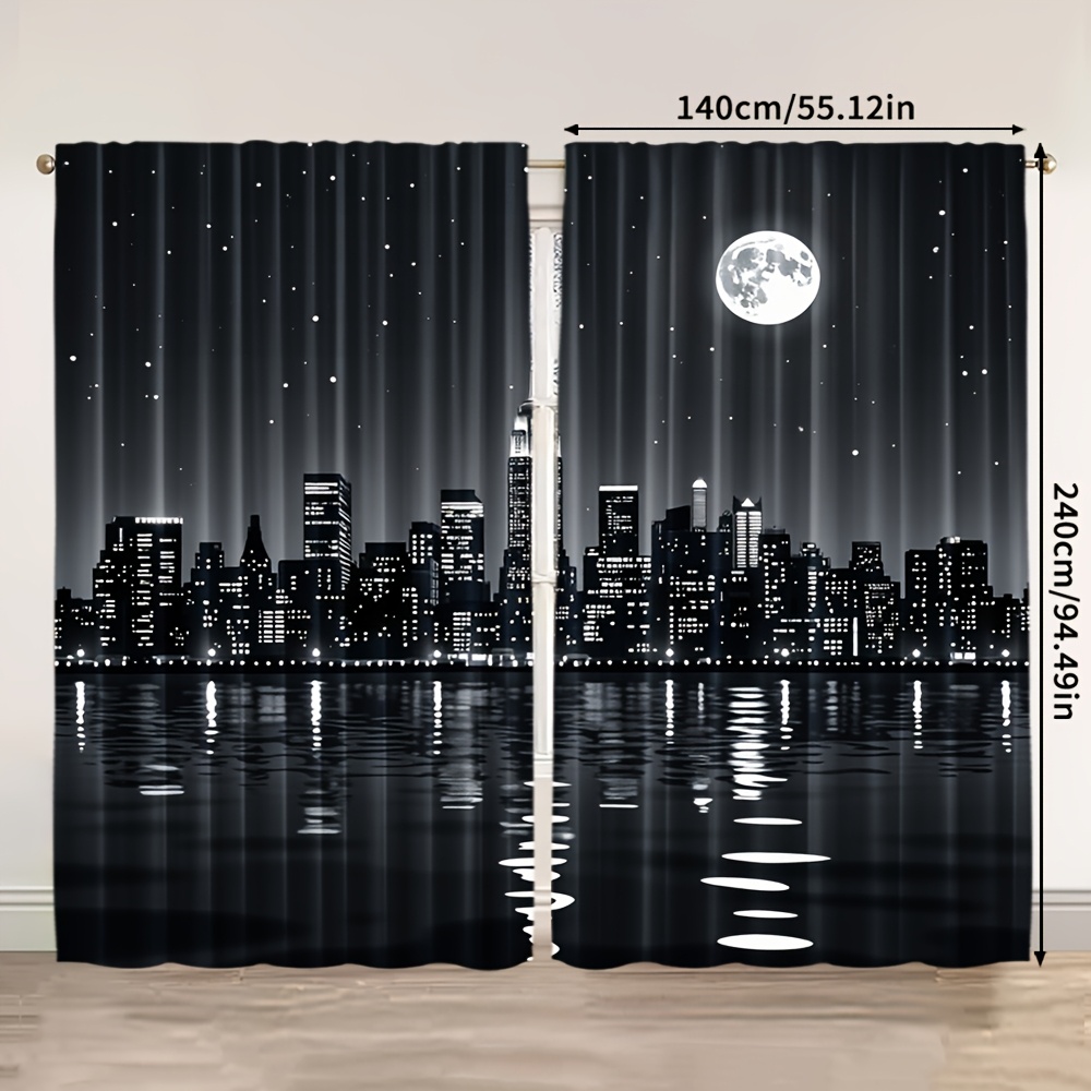 TEMU 2pcs Cityscape Night Window Curtains - 100% Polyester Machine Washable Light Blocking Curtains With Rod Pocket, Modern Urban Design For Bedroom