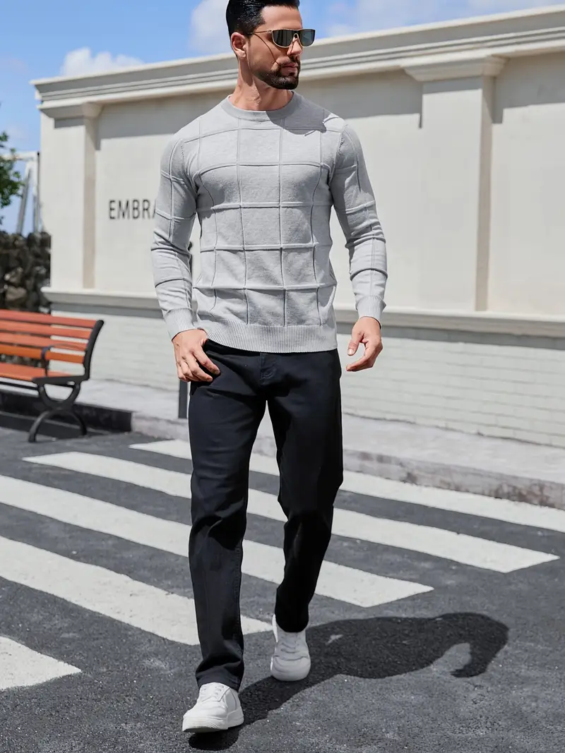 mens heavyweight 100 polyester sweater solid grey round neck long sleeve pullover with h shape silhouette ribbed neckline machine washable casual formal wear durable everyday layering essential Product details 44