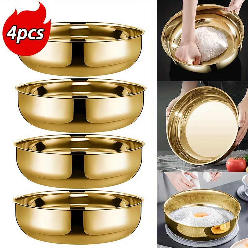 Set Of 4 Large-capacity Golden Stainless Steel Salad Bowls And Mixing , Featuring A Shiny Polished Surface For , Stackable Design To , Ideal For Cooking, Baking, And Serving