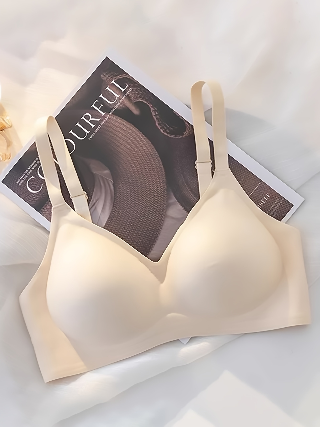 Women's Push-Up Bra with Palm Support Cups - No Underwire, Seamless Lift & Soft Uplifting Design for Small Chest, Adjustable Straps, Fan-Shaped Details, Beige, Hand Wash Only