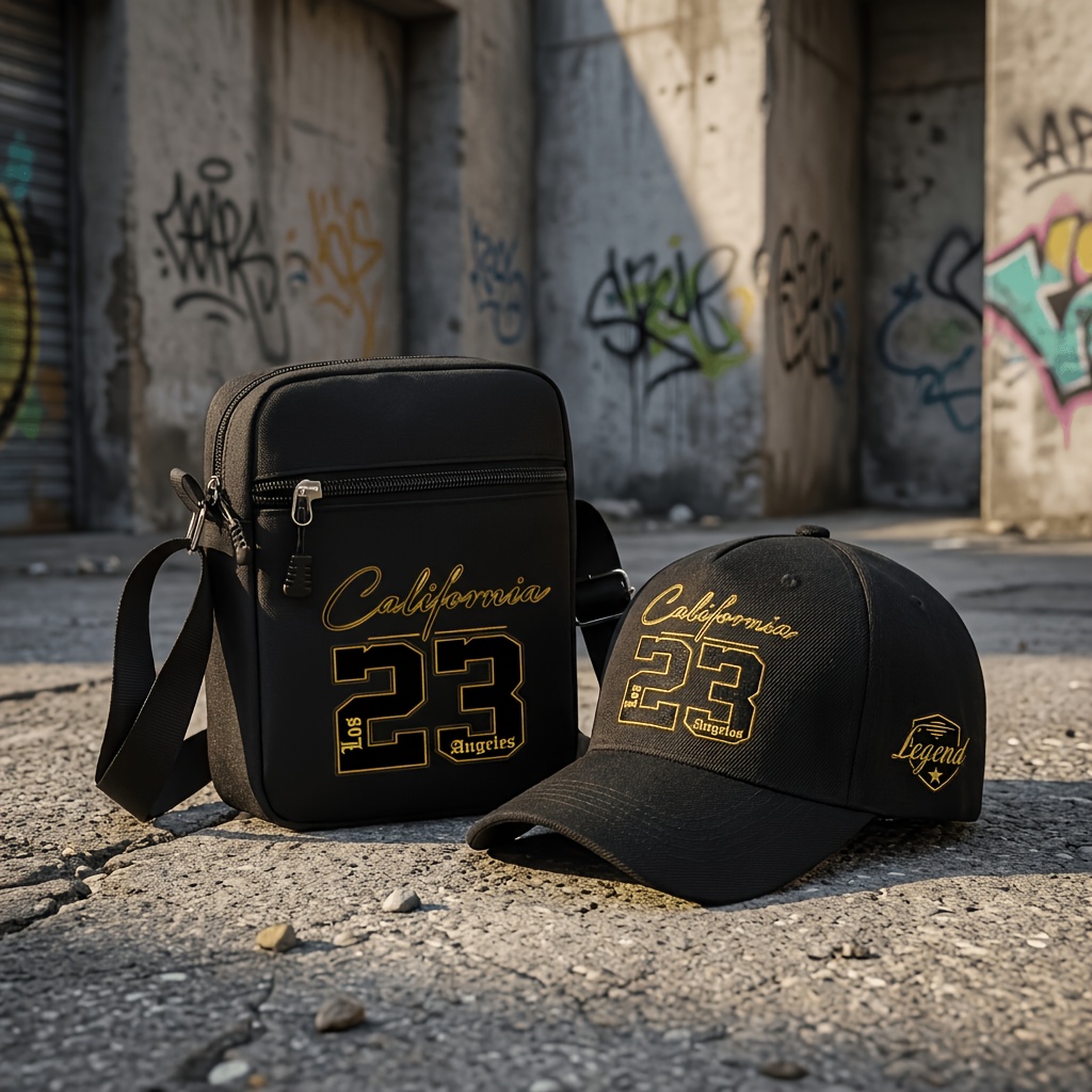 TEMU 2pcs Boston 23 Print Pattern Curved Brim Hip-hop Baseball And Crossbody Bag Set - 1 Baseball + 1 Crossbody Bag, Street Fashion Outdoor Sports